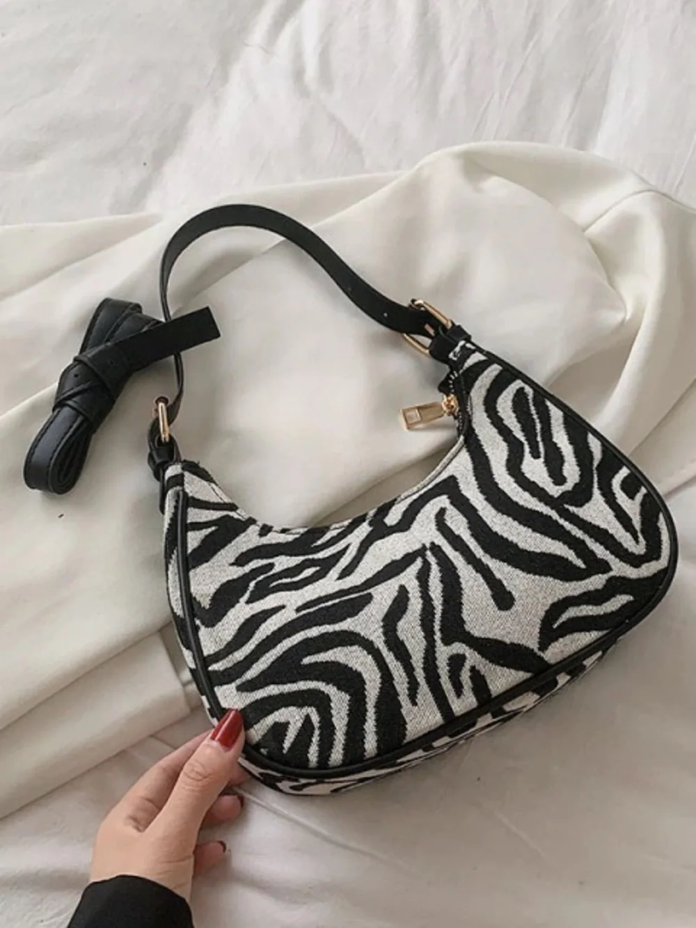 Montana West Black & White Zebra Print Fabric & Vegan Leather Hobo Shoulder Bag